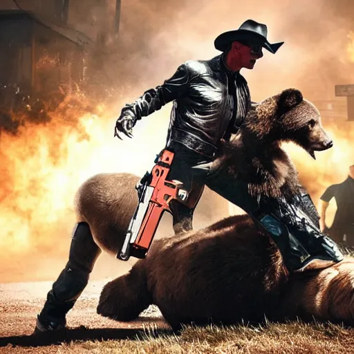 Image similar to a terminator android dressed as a cowboy while mounting a bear, 8 k, movie still, high detail, hyperrealistic