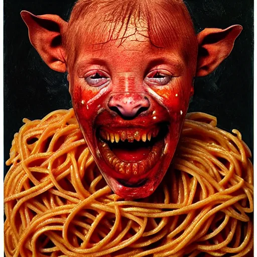 Image similar to half boy half rhino made of spaghetti and tomato sauce, looking straight into camera, screaming in pain, by giuseppe arcimboldo and ambrosius benson, renaissance, fruit, intricate and intense oil paint, a touch of beksinski and hr giger and edward munch, realistic