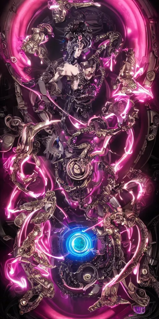 Image similar to full-body baroque and cyberpunk style sculpture of a young seductive Hispanic prince half android with a chest exposing a glowing gemstone battery and a CRT monitor face, glowing pink seductive laser eyes, crown of blue gears and diamonds, swirling salmon-colored silk fabric, robotic raptors dinosaurs. baroque elements. full-length view. intricate artwork by caravaggio. art by Artgerm and Greg Rutkowski and Alphonse Mucha, Trending on artstation, cinematic industrial lighting, hyper realism, octane render, 8k, depth of field, 3D