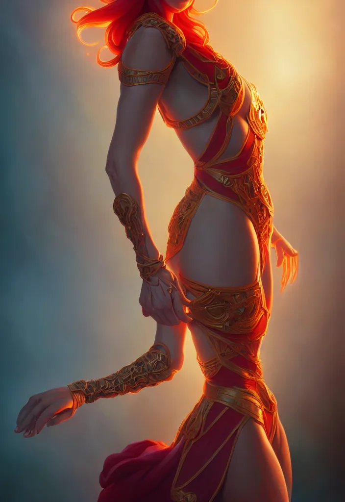 Image similar to symmetry full body portrait of lina, dota 2, global illumination. intricate, elegant, highly detailed, digital painting, artstation, concept art, smooth, sharp focus, illustration, art by artgerm and greg rutkowski and alphonse mucha