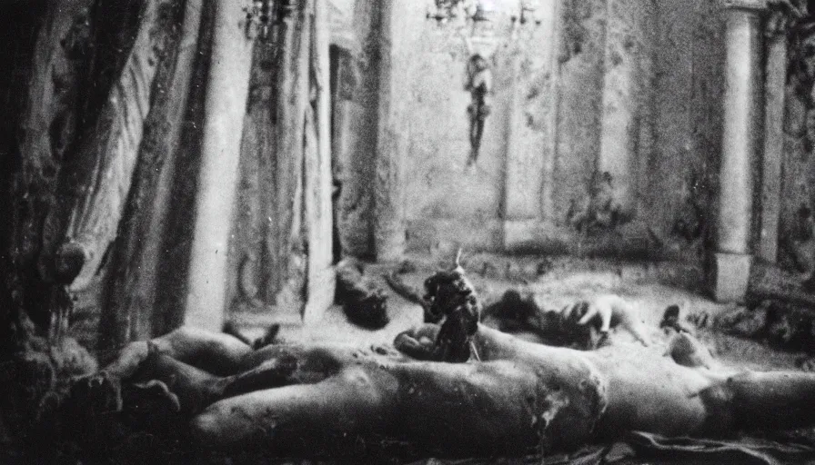 Prompt: movie still close - up by tarkovsky caligula dead - slaughtered on his throne in a neoclassical room, cinestill 8 0 0 t 3 5 mm, high quality, heavy grain, high detail, dramatic light, cinematic composition, flares, anamorphic, blood, bleeding, by josef sudek