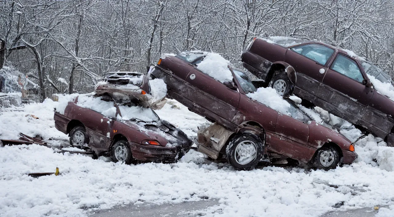 Prompt: Action shot of a 1993 brown nissan maxima crashing into two construction drums stacked on top of each other, the windshield is being smashed by the top construction drum, moment frozen in time, photo realistic, night, piles of old snow, photo realistic, depth of field, award winning, cinematic, color graded