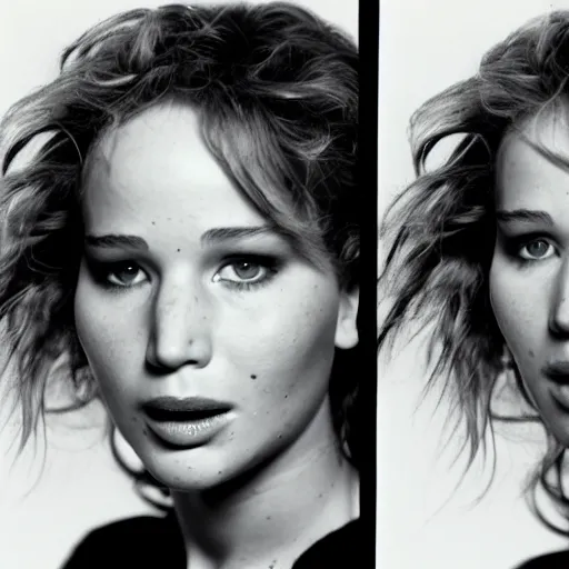 Image similar to Jennifer Lawrence tripping hard. Close-up studio portrait by Robert Mapplethorpe. Tri-x.