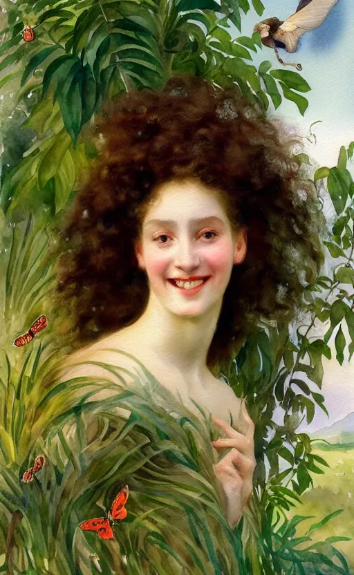 Image similar to the face of a young woman with marble complexion, angelic features, dancing curls around her face, her head raised in rapture, laughing, symmetrical eyes, watercolor by john singer sargent, background lush vegetation, insects and birds, 8 k uhd