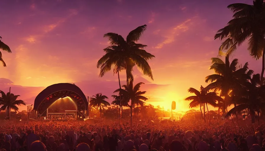 Image similar to A music festival in the heart of a tropical island during a sunset, hyperdetailed, artstation, cgsociety, 8k