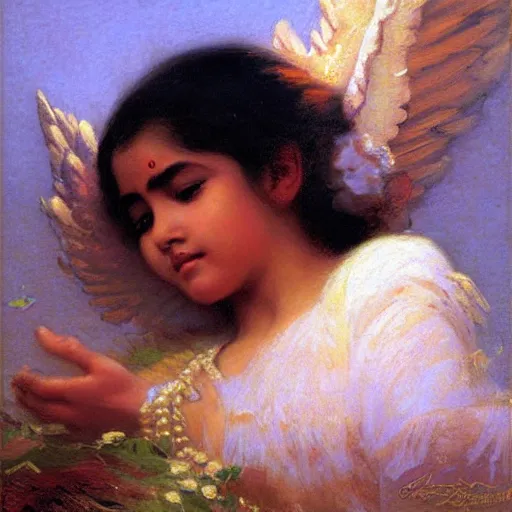 Prompt: detailed portrait of hindu traditional girl with angel wings coming down to earth in baroque painting, girl graceful, eyes closed, painting by gaston bussiere, craig mullins, j. c. leyendecker