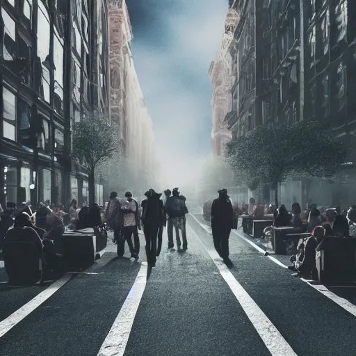 Prompt: people sitting in rows of desks in the middle of a city street, first person view from back row, dream - like atmosphere, high quality digital art