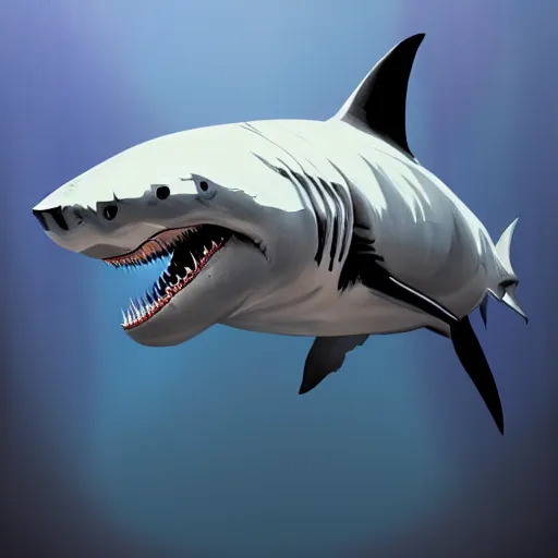 Prompt: great white shark, side view, with an orange traffic cone on its dorsal fin - ron cheng & alphonse mucha, highly detailed, digital painting, ray tracing, concept art, illustration, smooth sharp focus, intricate, symmetry, artstation,