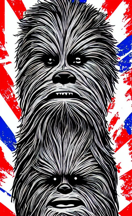 Image similar to chewbacca presidential election poster showing close up of chewbacca face red and blue duotone by sheperd fairey no text