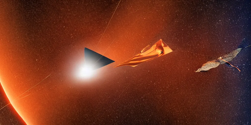 Image similar to medium close up of a solar sail probe entering a solar system carrying a dead alien. The probe is from an isolated star in a thick dust cloud, UE5, 8K, 4K