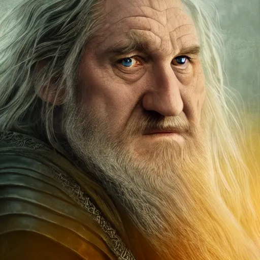 Image similar to Movie still of Gérard Depardieu as Gandalf in the Lord of the Rings in the Shire, fantasy, highly detailed, digital painting, artstation, concept art, sharp focus, illustration, art by Tony Sart and artgerm and randy vargas