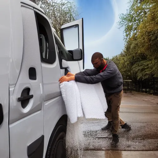 Image similar to stock image of man washing amazon van with microfibre cloth, the van is very clean and you can only see the bonnet and his arm which is cleaning. the lighting is dynamic, stock photo 3 5 mm 8 k photorealistic