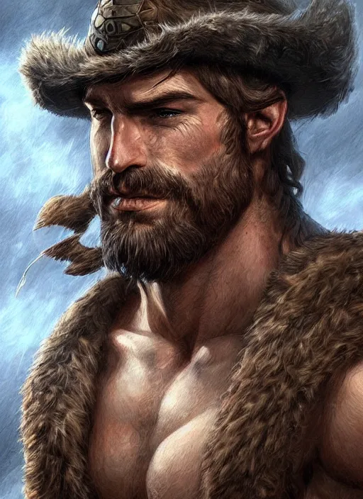 Image similar to portrait of a rugged ranger, muscular, upper body, hairy torso, D&D, fantasy, intricate, elegant, highly detailed, digital painting, artstation, concept art, smooth, sharp focus, illustration, art by artgerm