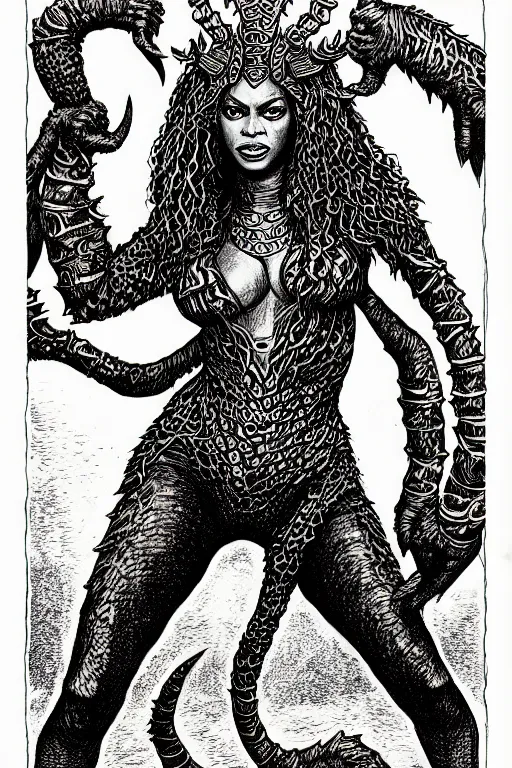 Prompt: beyonce as a d & d monster, full body, pen - and - ink illustration, etching, by russ nicholson, david a trampier, larry elmore, 1 9 8 1, hq scan, intricate details, inside stylized border