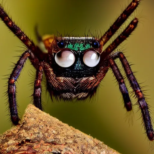 Prompt: Photo of a beautiful woman, her eyes are like them of a spider, national geographic