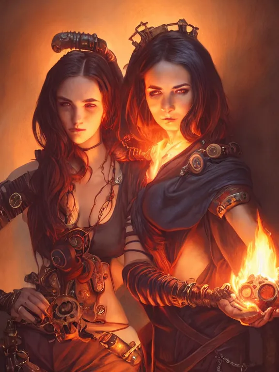 Prompt: a female pyromancer and a female necromancer standing together, lesbians, steampunk, fire and darkness background, detailed face, sharp focus, highly detailed, cinematic lighting, studio quality, colorful, smooth render, unreal engine 5 rendered, octane, rendered, by artgerm, greg rutkowski, alphonse mucha