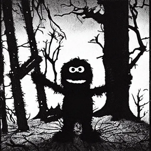 Prompt: elmo in the blairwitch project, scary, disturbing.