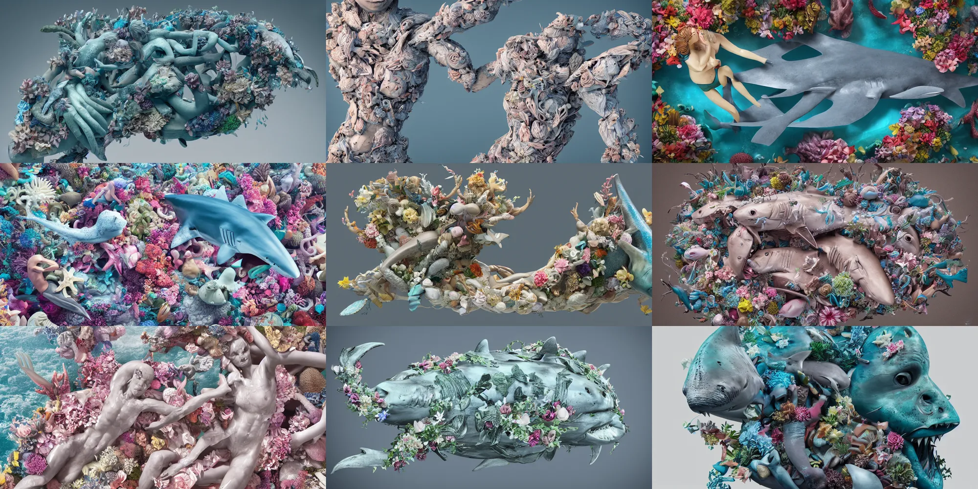 Prompt: a sculpture of ocean shark intertwined, a lovely cornucopia of flowers and human body parts, body parts, highly detailed, octane render, cinematic ， - h 7 6 8