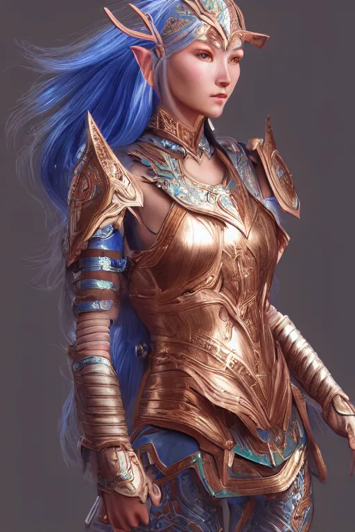 Prompt: a beautiful and highly detailed digital illustration of a female elven paladin with blue hair in rose gold armor, a digital painting by lu ji and huang guangjian, cgsociety, fantasy art, cryengine, concept art, photorealism, daz 3 d, sketchfab, zbrush