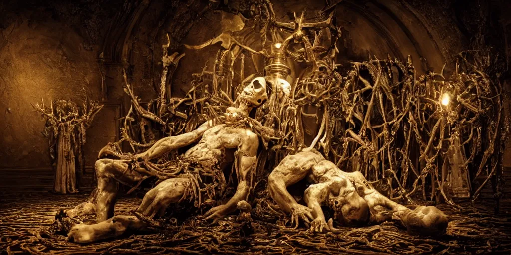 Image similar to a highly detailed realistic photographic render of corpses worshipping a skull statue with crown of thorns made of gold in the style of billelis, billelis , creepy, cinematic lighting, cinematic scene, Volumetric lighting, Atmospheric scene, Dark, Horror, Atmospheric lighting, Global illumination, realistic, photo realism, hyper realistic, hyper realism, photo realisitc, cinematic render, film, beautifully lit, ray traced, octane 3D render, octane render, unreal engine