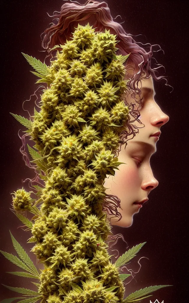 Image similar to epic scale cinematic character concept cinematic 4 k perfect focus closeup macro photography of a marijuana bud showing crystals and trichomes, densely packed buds of weed, high times photography by greg rutkowski alphonse mucha alex grey hr giger artgerm cgsociety artstation by greg rutkowski alphonse mucha android jones max chroma rule of thirds golden ratio
