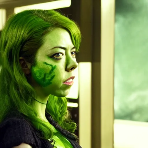 Prompt: film still of !!!Aubrey Plaza!!! as Poison Ivy in The Dark Knight, !!green skin!!, 4k