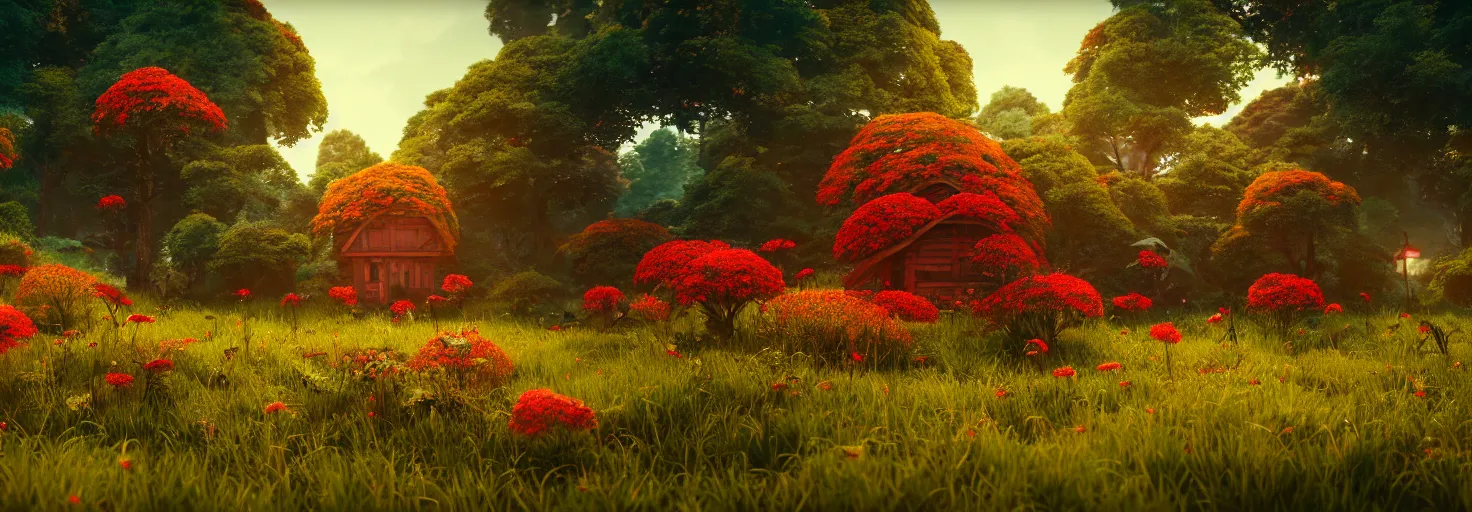 Image similar to stunning glowing crimson beehive with black accents, in a beautiful forest meadow village landscape, flowers, happy trees, photorealistic, octane render, rtx, hdr, unreal engine, digital art widescreen 8 k, studio ghibli, pixar, bee movie, disney