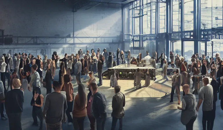 Prompt: large group people in simple warehouse, looking at hologram of futuristic downtown on a table, cinematic concept art, godrays, golden hour, natural sunlight, 4 k, clear details, tabletop model buildings, center model tall buildings, hologram center, crane shot, crane shot, crane shot, clear details, windows