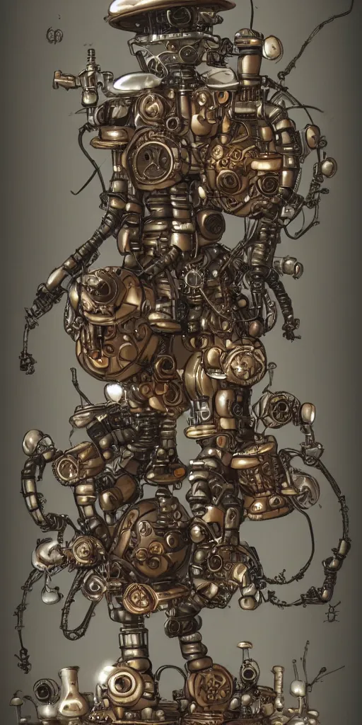 Image similar to a steampunk robot with mushrooms growing out of it's head, detailed, 4 k, trending in artstation