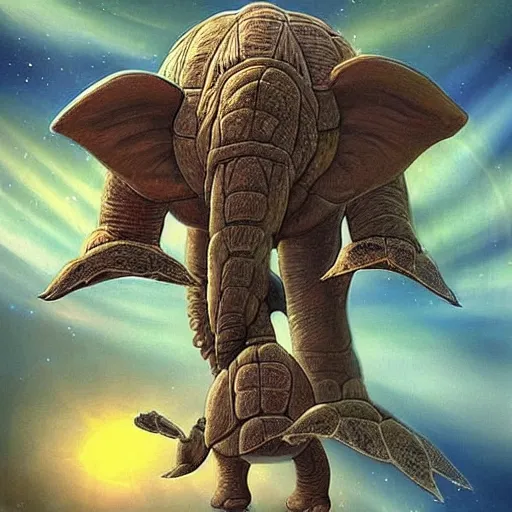 Image similar to Great A'Tuin is the Giant Star Turtle (of the fictional species Chelys galactica) who travels through the Discworld universe's space, carrying four giant elephants (named Berilia, Tubul, Great T'Phon, and Jerakeen) who in turn carry the Discworld