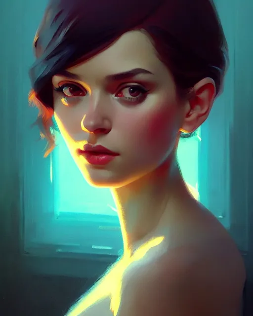 Image similar to stylized portrait by aykutmakut of an artistic pose, composition, young cute serious fancy lady, cinematic moody colors, realistic shaded, fine details, realistic shaded lighting poster by ilya kuvshinov, magali villeneuve, artgerm, jeremy lipkin and michael garmash and rob rey