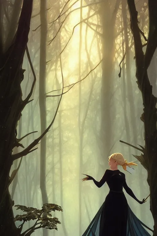 Image similar to elsa relaxing a tree, black dress, low light, foggy at dawn, sunlight visible through tree leaves, misty, magic, atmospheric art by artgerm and greg rutkowski and alphonse mucha and by artgerm, by studio muti, greg rutkowski makoto shinkai takashi takeuchi,