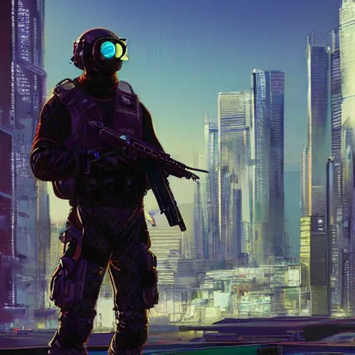 Image similar to Vernon. USN special forces futuristic recon operator, cyberpunk military hazmat suit, on patrol in the Australian autonomous zone, deserted city skyline. 2087. Concept art by James Gurney and Alphonso Mucha