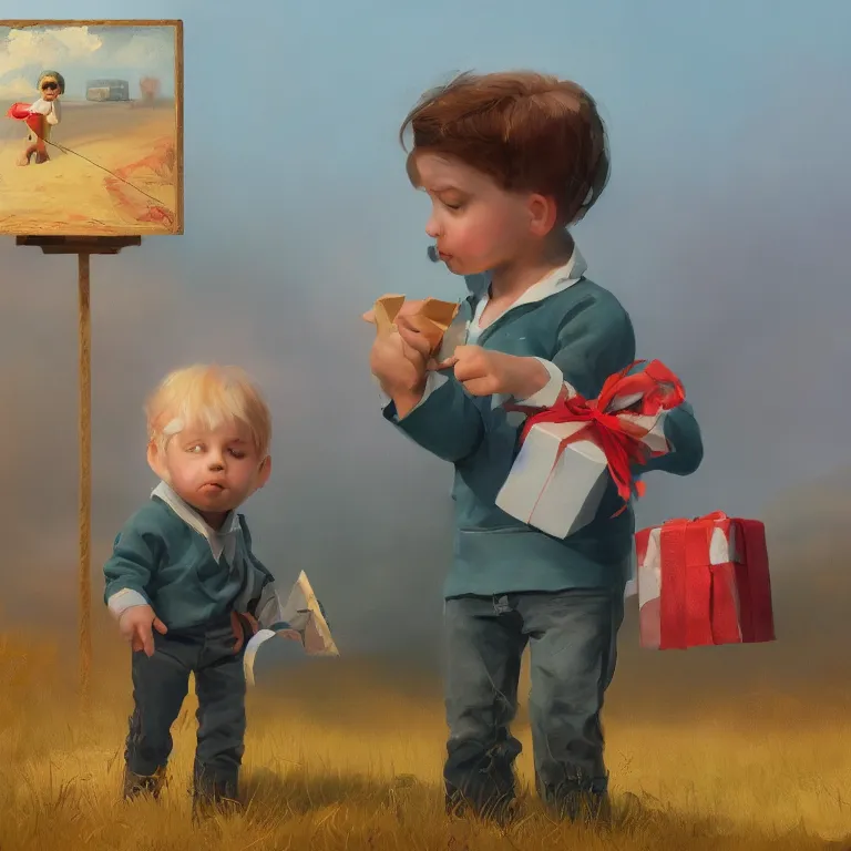 Image similar to a cute boy with a giftbox with bow and ribbon in a painting from stalenhag, 4 k, 8 k, hdr, artstation, concept art