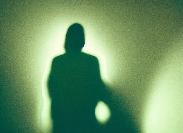 Prompt: human silhouette, large diffused glowing aura, long exposure, film grain, cinematic lighting, cinematic composition