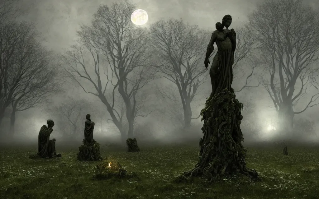 Image similar to statues of standing angels with anguished eyes and folded hands, wings, covered with ivy, placed on a lawn, night, full moon, fog, dramatic atmosphere, highly detailed, cinematic lighting, perfect composition, 4 k, gustave dore, derek zabrocki, greg rutkowski, belsinski, octane render