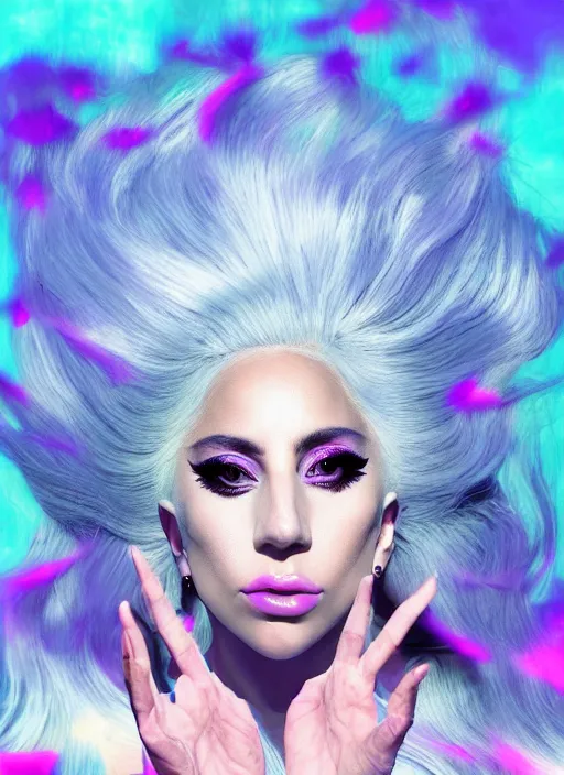 Prompt: lady gaga with long white hair holding a peace sign, an album cover by Hedi Xandt, featured on deviantart, holography, smokey background, matte background, seapunk High resolution. Highly detailed. Dramatic. 8k.4k.