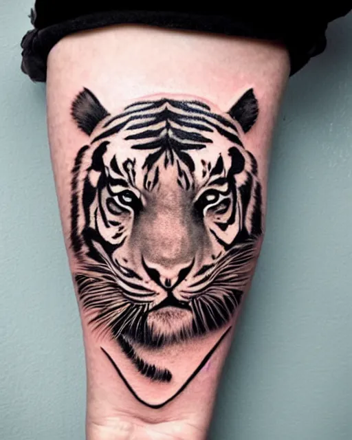 Image similar to a beautiful girl wearing a hat that looks like a tiger head, tattoo design, hyper realistic, hyper detailed, by eliot kohek