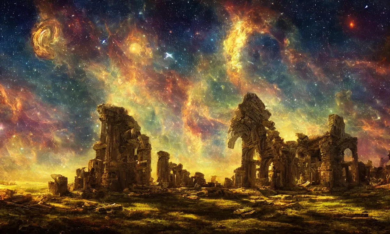 Prompt: A beautiful painting of cosmic ruins under the night sky, ultra HD, 4K, detail