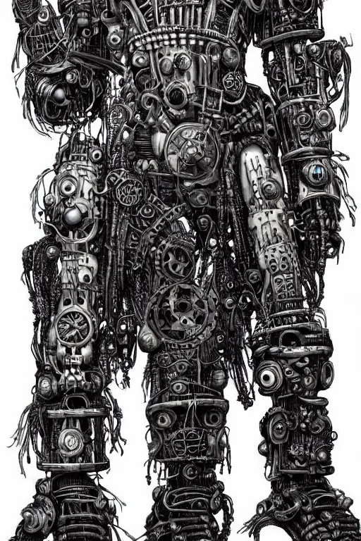 Image similar to wild monstorous anthropomorphic biomechanical bear shaman wearing steampunk artifacts. Have dreadlocks made of cables and wires. Upgraded with hightech cyberwares. huge, big, giant bear human hybrid, mecha animal, tall, very detailed woodcut armor, terrifying and dangerous, scary, beautiful, steampunk monster android hybrid art portrait, matte scifi fantasy painting, half robot half bear. Fullbody, Centered uncut. Full head visinle to the top. Focus on face 50px margins on every side.. DeviantArt Artstation, by Igor Goryunov, featuring Jason Felix, Steve Argyle, Tyler Jacobson and Peter Mohrbacher, cinematic lighting