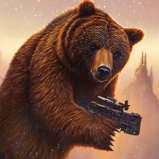 Image similar to detailed science - fiction character portrait of a grizzly bear shooting a machine gun in space, intricate, wild, highly detailed, digital painting, artstation, concept art, smooth, sharp focus, illustration, art by artgerm and greg rutkowski and alphonse mucha