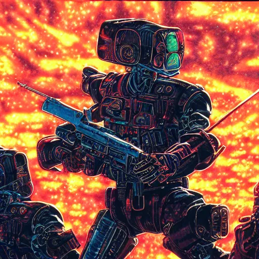 Prompt: portrait closeup of crazy terminator firing guns, symmetrical, cinematic colors, by yoichi hatakenaka, masamune shirow, josan gonzales and dan mumford, ayami kojima, takato yamamoto, barclay shaw, karol bak, yukito kishiro