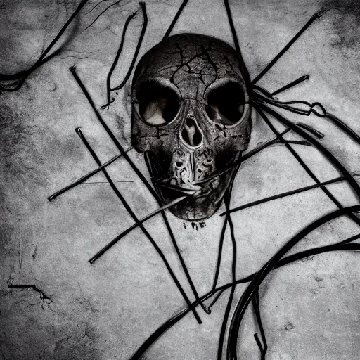 Prompt: a dark occult ritual of wires broken skulls skin and decay, moody, hyper realism, 8 k photo, atmospheric