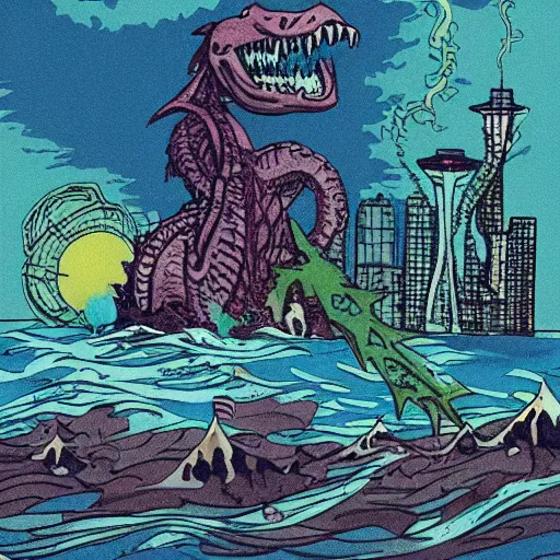 Prompt: a sea monster destroying the city of seattle, flames