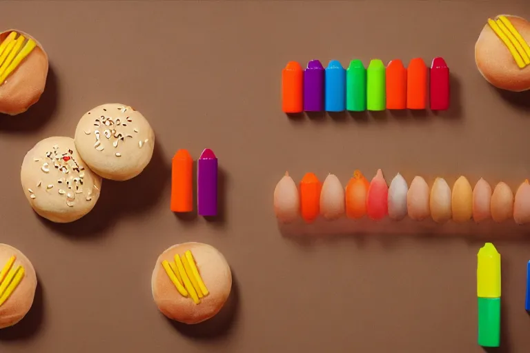 Prompt: mcdonalds!! crayons between sesame seed buns, commercial photograph