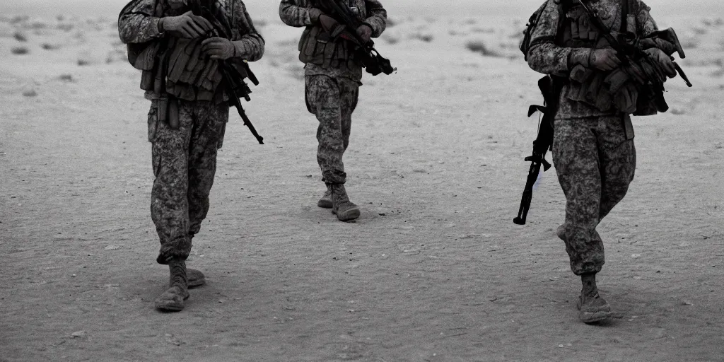 Prompt: a rooster soldier walking the sands of iraq with his platoon. cinematic photograph. 35mm.