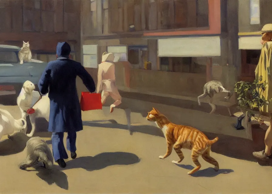 Prompt: a brownish gray tabby cat walking on its hind legs like a human shopping at costco, american realism style, edward hopper, george bellows, bo bartlett, jamie wyeth