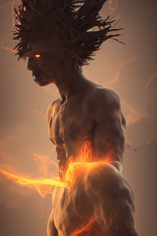 Prompt: beautiful god of smoke, radiating with power, concept art, dark clouds, black mist, scary, ominous, unreal engine, photorealistic, Digital Art, burning eyes, houdini rendering, trending artstation, photorealistic, vintage