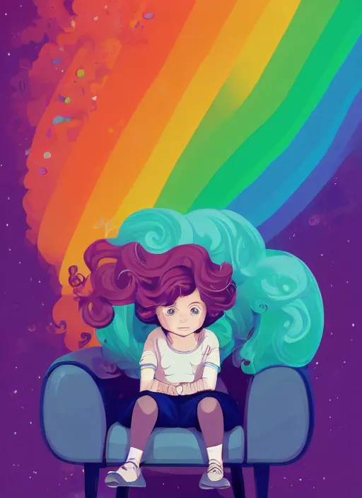 Image similar to a little girl with wavy curly rainbow hair sitting in an armchair. clean cel shaded vector art. shutterstock. behance hd by lois van baarle, artgerm, helen huang, by makoto shinkai and ilya kuvshinov, rossdraws, illustration, art by ilya kuvshinov