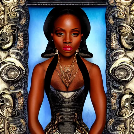 Image similar to hyperdetailed maximalist elaborate half - lenght portrait of a futuristic a beautiful black girl, wearing luxury clothing. rococo architecture, in the style of modigliani and mixed media collage. matte background hd 8 x